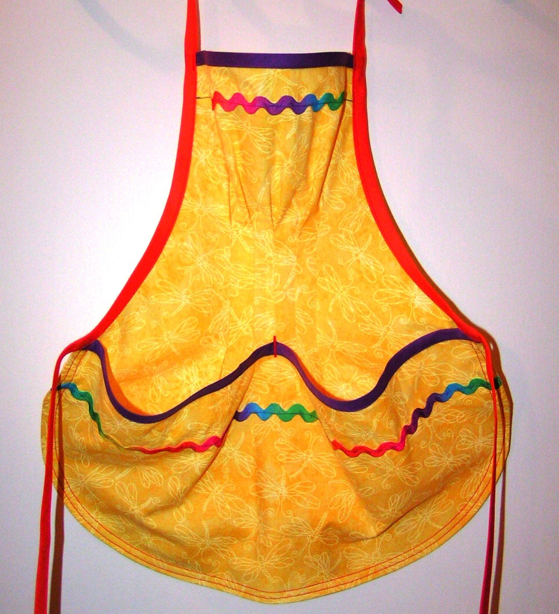 Mary's Child's Harvesting/Cooking/Art Aprons 100% Cotton Print Fabrics (Yellow w/purple and orange binding/rickrack)