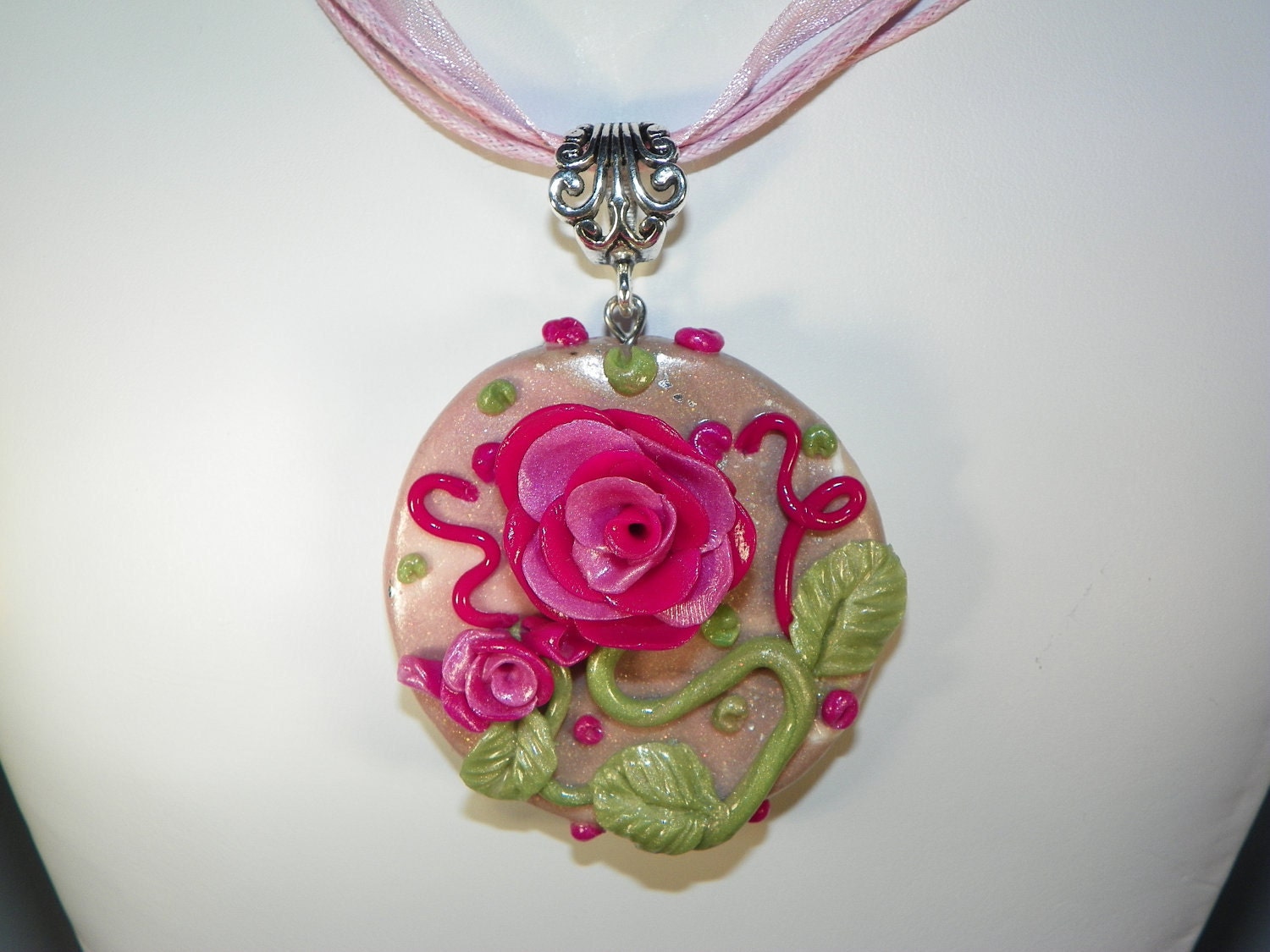 Sculpted Polymer Clay Pendant with Roses