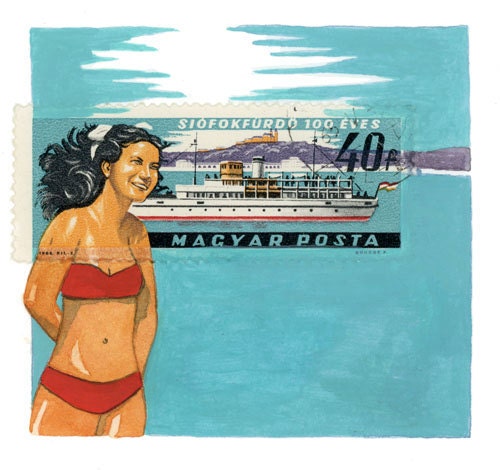 Original Framed Art: Hungarian Bikini Girl and Ship, Postage Stamp Painting