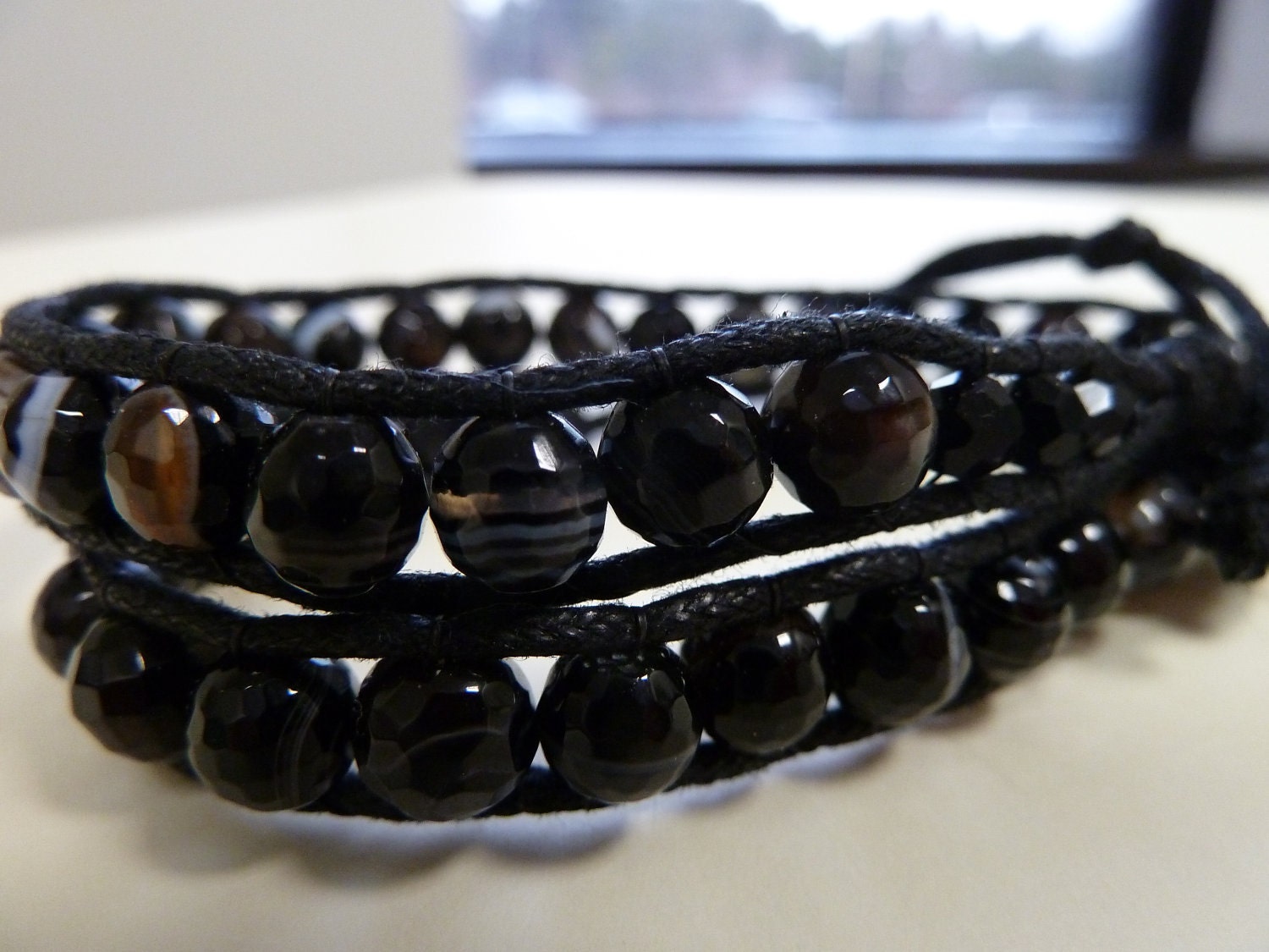 ON SALE Wrap Bracelet with Zebra Jasper Beads on Black Cotton Cord