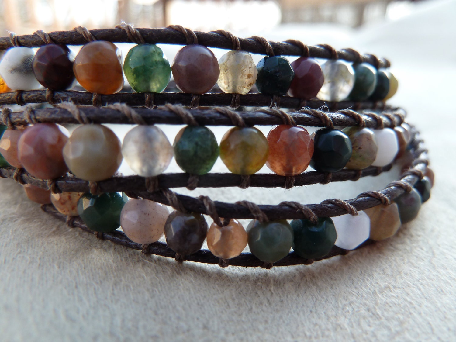Beaded Wrap Bracelet with mixed Agate beads on Brown Cording