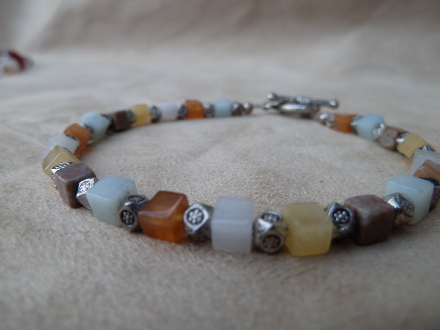 Multi Colored Pastel Semi Precious Gemstome Bracelet with 4mm cube Stone and Silver Beads