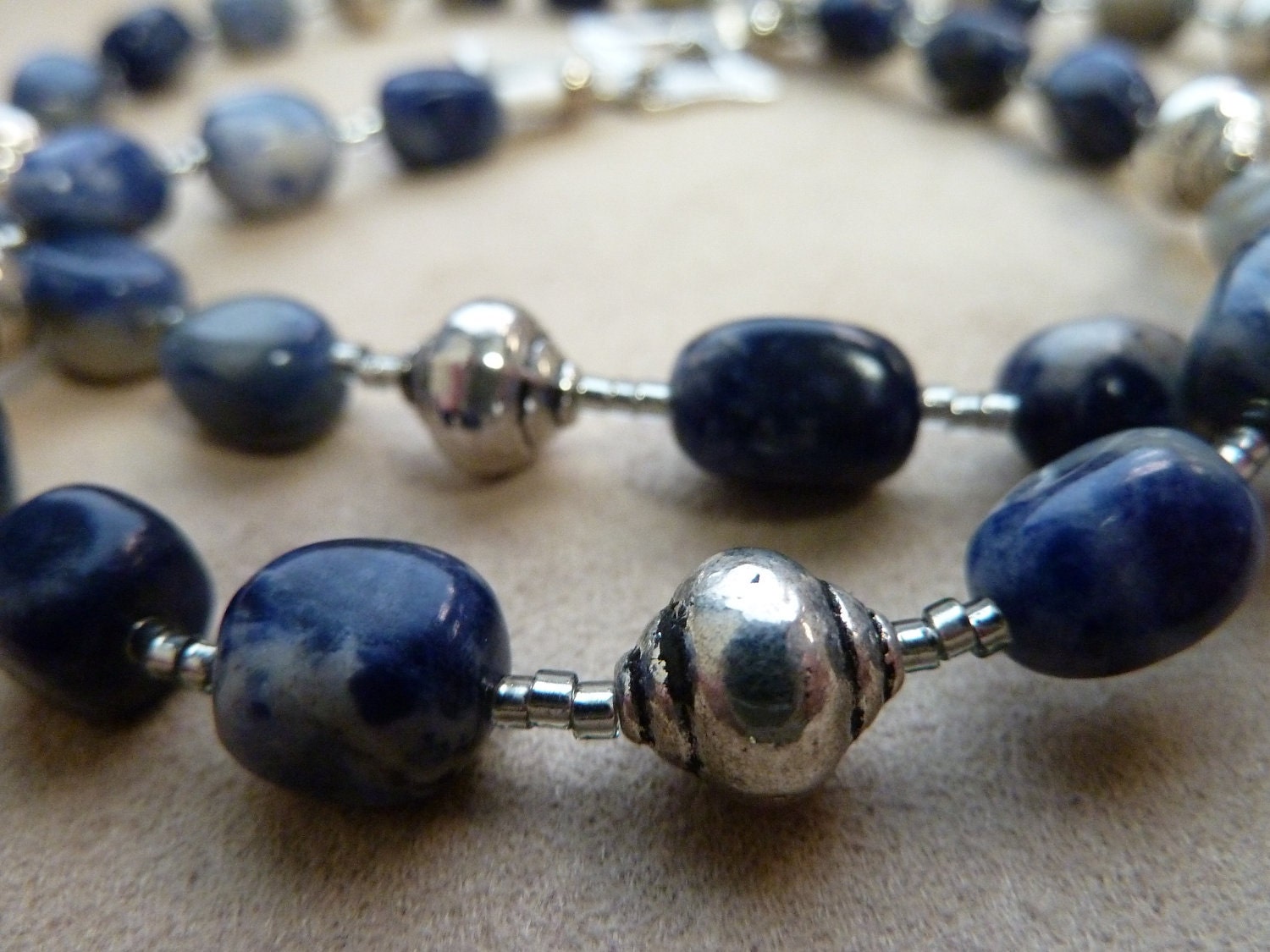 ON SALE Beaded Necklace with Sodalite and Silver Plated Beads
