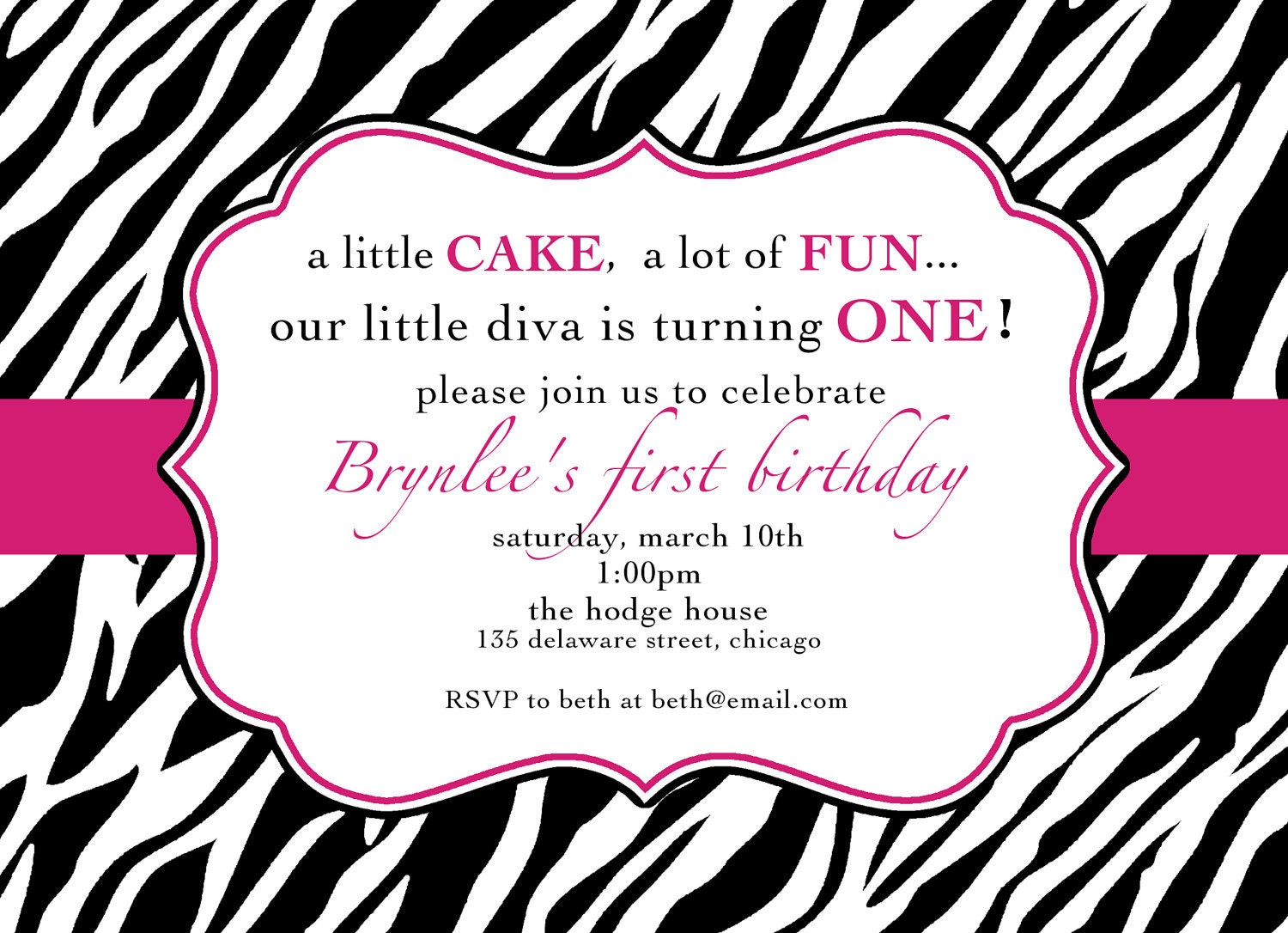Zebra Print Pink Girl's 1st Birthday Invitation Digital Printable Design