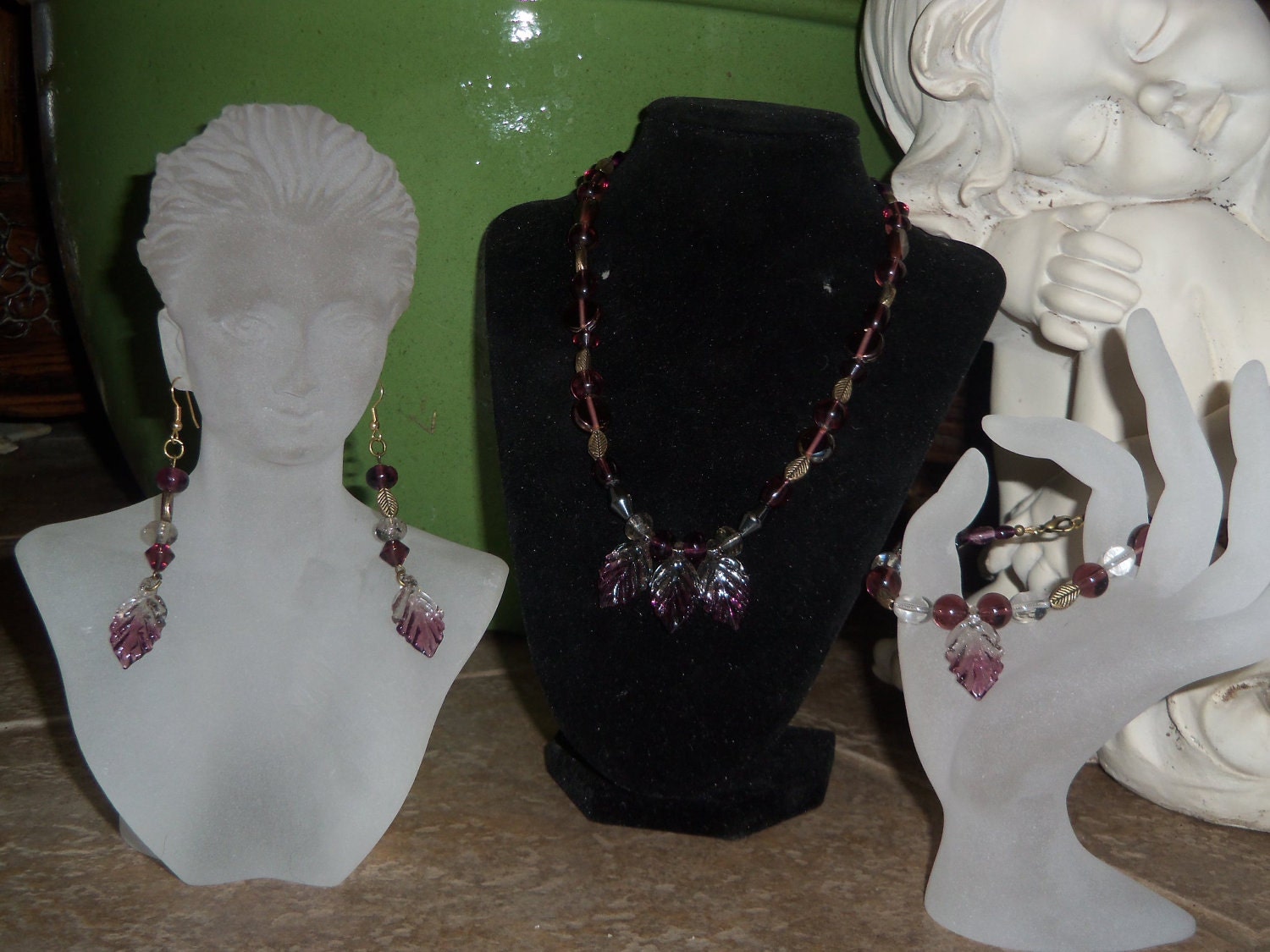 Leaf Beaded Purple and Clear Necklace One of a kind hand crafted jewelry set