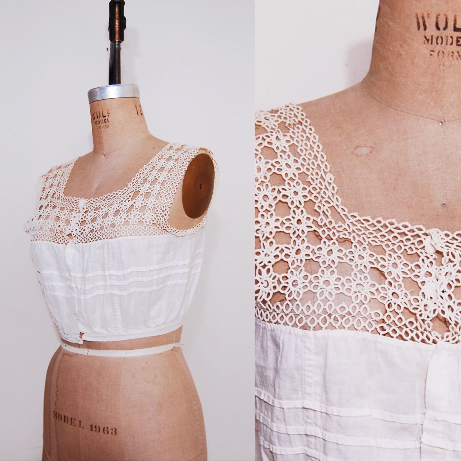 1910s camisole. Antique corset cover crochet lace top.