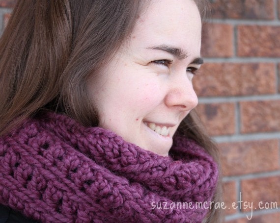 Women crocheted cowl plum purple wool acrylic blend winter accessory