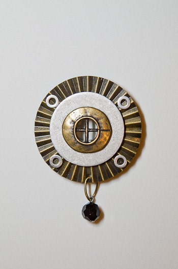Handmade Mixed Media Industrial Necklace/Pin with Upcycled Metal Hardware