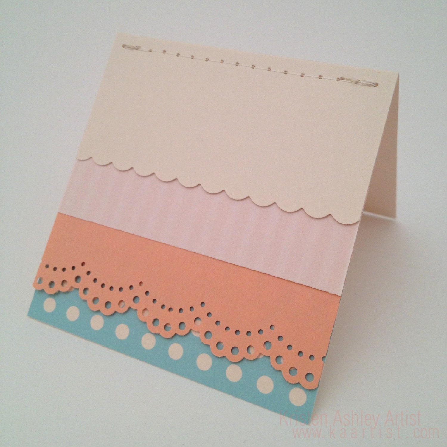 1 INDIVIDUAL (3x3) Card / Gift Tag : layered and stitched mini card in scalloped cream, white stripe, pink eyelet, & blue polka dot