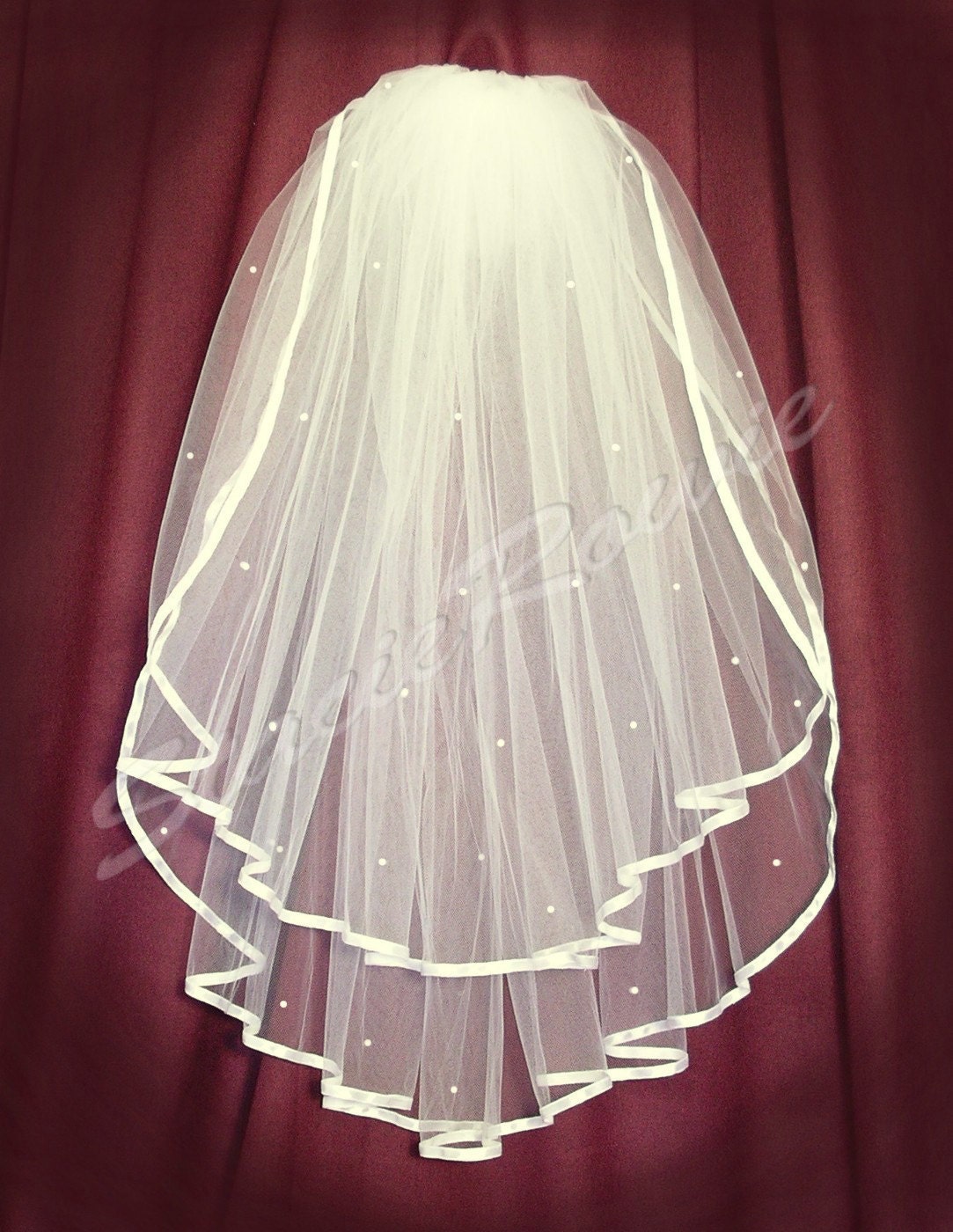 2 tier waist length ivory wedding veil with satin ribbon edge - veil with rhinestones - ready to ship item
