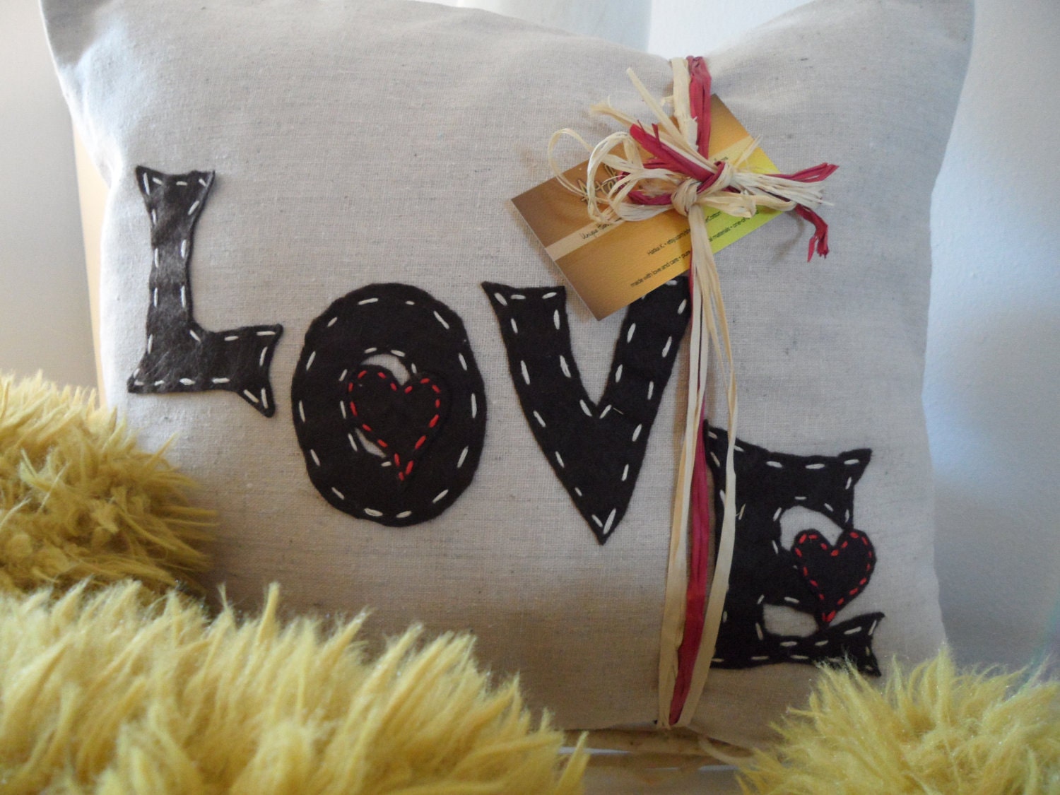 Accent Love&Heart Pillow Chocolate Felt Applique Oatmeal Cotton Unique Handmade Hand Stitched