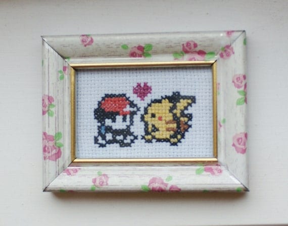 SALE - Trainer, Pikachu & love heart: Pokemon-inspired mini cross stitch in a vintage floral rose-patterned "shabby chic" frame