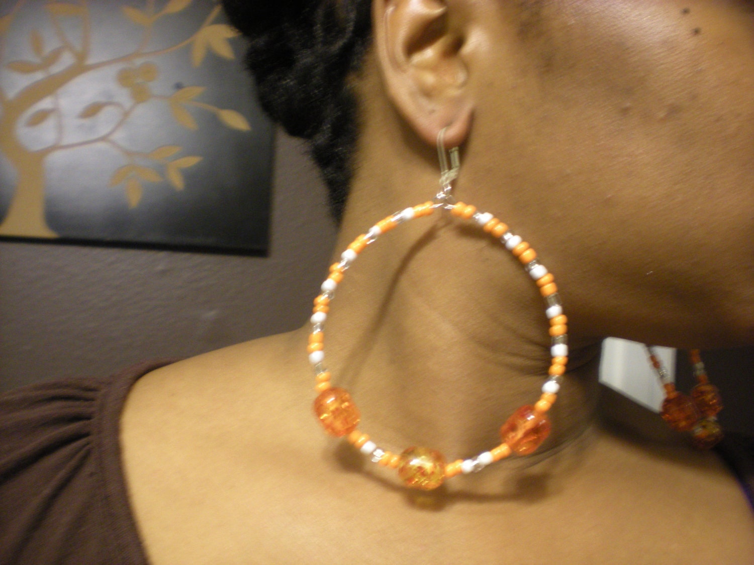 Orange Creamsicle  beaded Medium Hoop