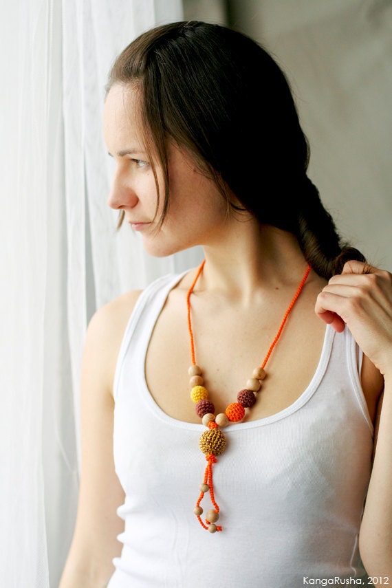 Nursing necklace - Organic Teething necklace - crochet cotton nursing pendant - in orange, sunny yellow and brown