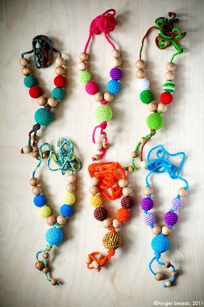 Nursing necklace - Organic Teething necklace - crochet cotton nursing pendant - in orange, sunny yellow and brown