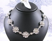 Antique Art Deco Daisy Necklace Paste Diamonds Signed Costume Jewelry 'DeRosa' 1940s