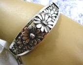 Antique Art Deco Solid Silver Cuff Bangle Bracelet Daisy Flowers 1930s