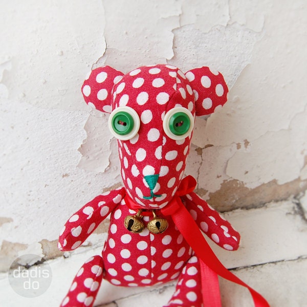 Funny kids toy, lot of  polka dots, organic handmade teddy bear red with white dots, OOAK personalized gift