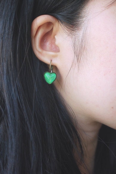 Leaf Earrings Green Leaf Wearable Art Earrings Antique Brass Spring Dangle