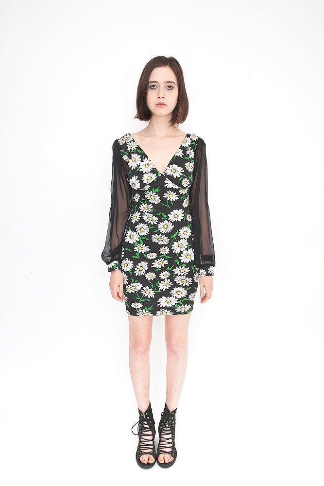 Vintage Black Daisy Print Bodycon Mini Dress with Sheer Sleeves