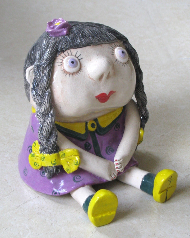 OOAK Handmade Ceramic Collection Doll OLIVIA Girl With Two Braids