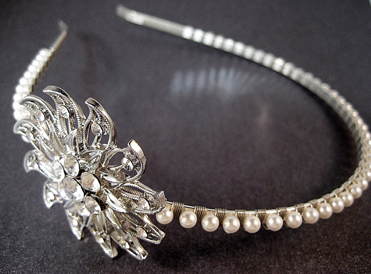 SALE - Vintage style side headband with Swarovski pearls