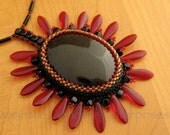 SALE Bead Embroidered Black Onyx and Red Dagger Pendant
