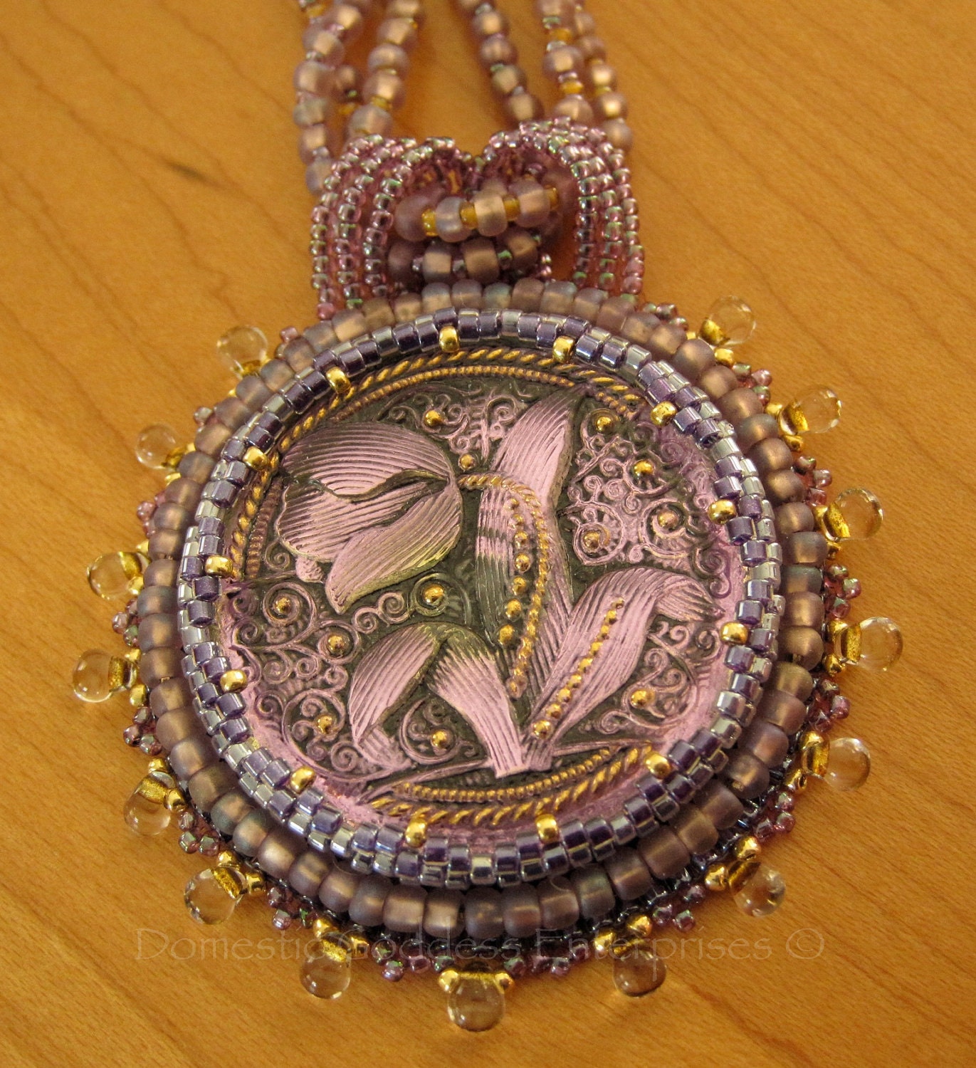 SALE Bead Embroidered Purple Glass Button