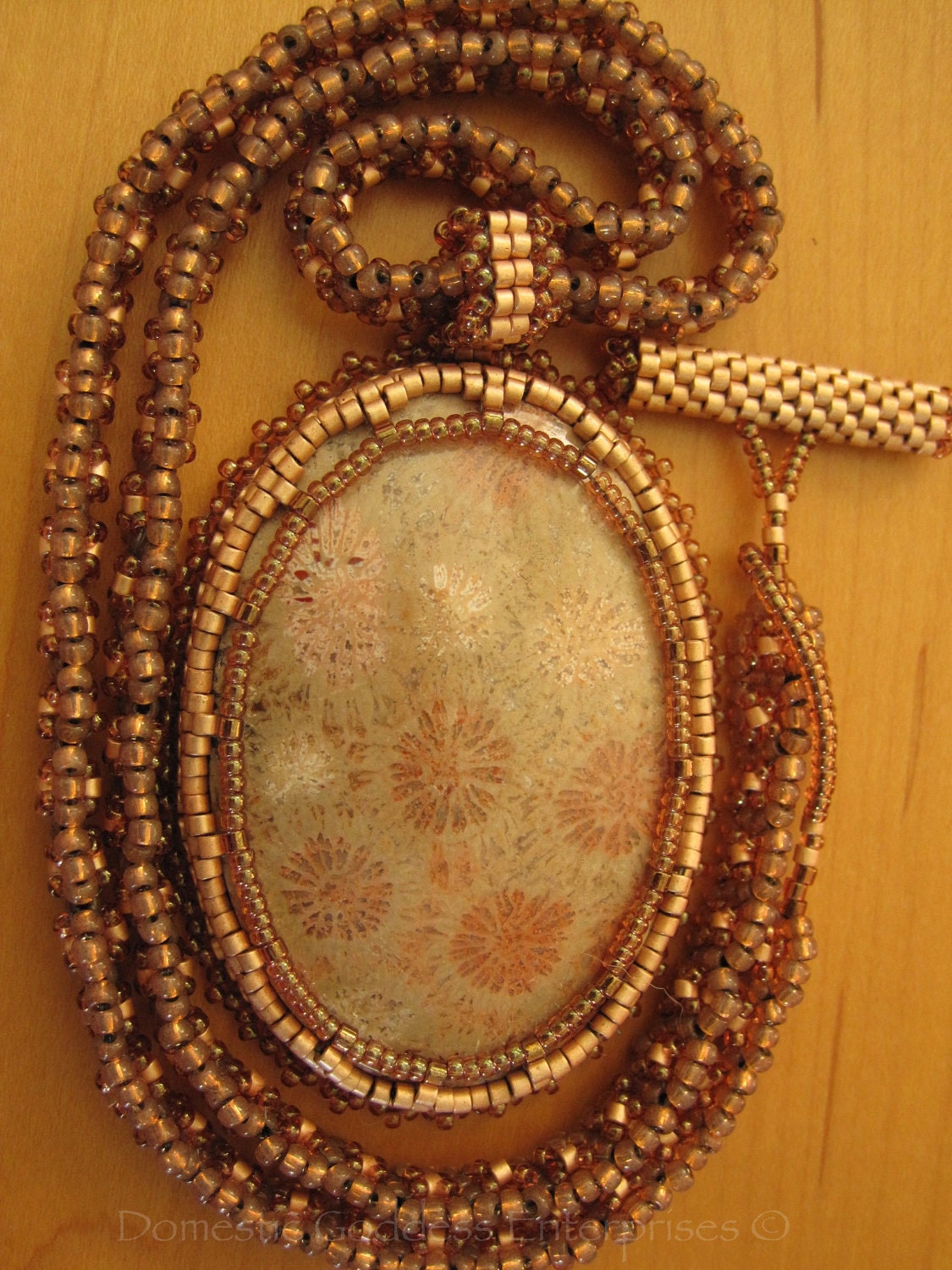 Bead Embroidered Fossilized Coral and Right Angle Weave Necklace