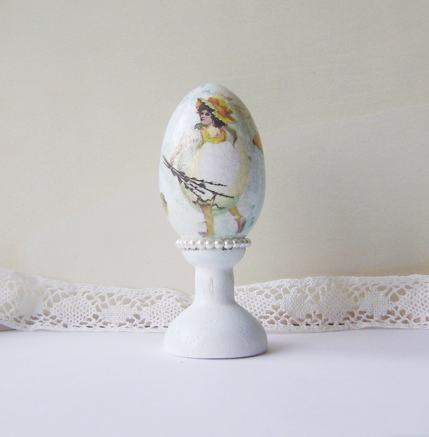 Easter Decorative Vintage style Wooden Egg " Girl and spring flowers"