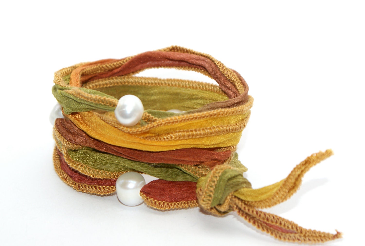 Silk wrap hippy bracelet - freshwater pearls - Hippy Chic - Boho - Gift for her