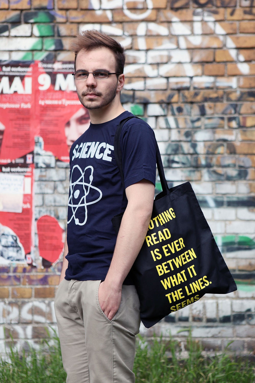 Read Between The Lines Black and Yellow Screenprinted Typography Tote Bag