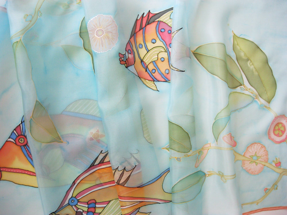 Hand painted Silk scarf Summer fashion Fishes turquoise yellow orange red aqua - made TO ORDER