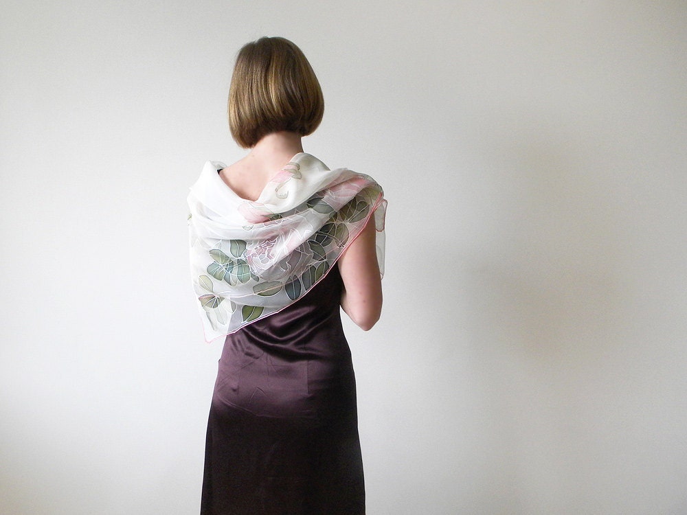 Silk chiffon scarf Hand painted Wedding accessories White pink purple roses - made TO ORDER