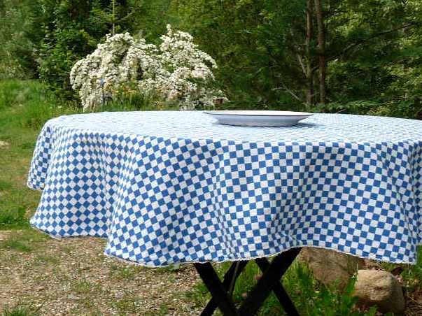 Vintage French linen, Bleu Vichy, CHECKED BLEU TABLECLOTH, cotton with lace.