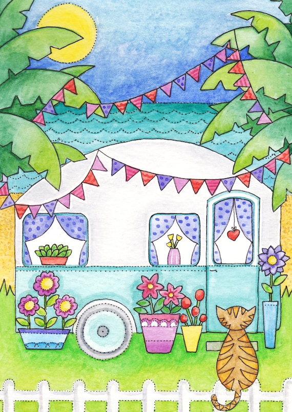 Cat Art Caravan Beach Painting Reproduction Print