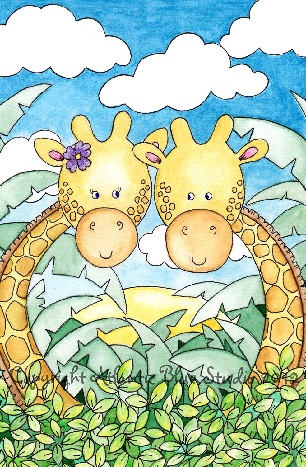 Giraffe Animal Colourful Bright Whimsical Watercolour Print -  Up High