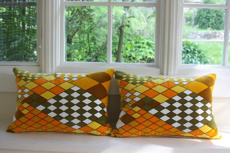 SALE - Harlequin Diamond Velvet Pillows - Modern, Retro, Psychodelic, Sixties