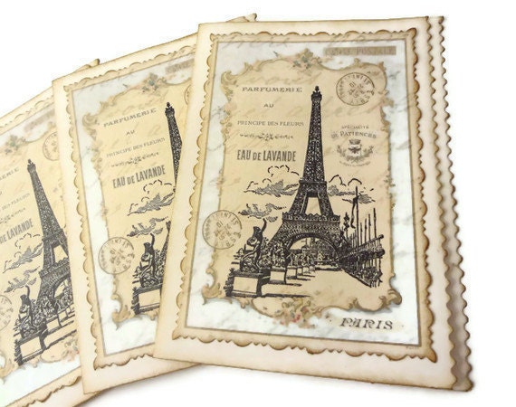 Vintage Paris Note Cards, Paris Stationery Set, French Notecard Set, Blue and Brown, Shabby Chic Note Cards, Eiffel Tower, Set of 4