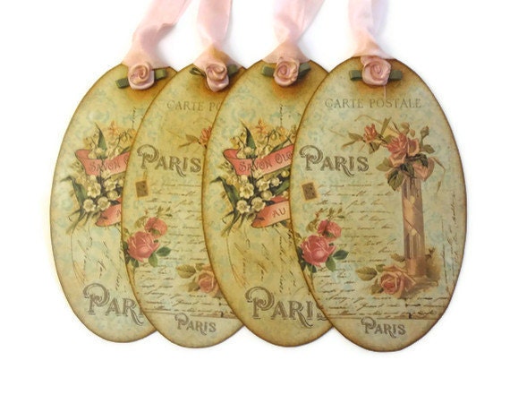 Paris Tags, Shabby Chic, Paris Script, Vintage Paris Ad, French Gift Tags, Parisian, Mint and Pale Pink, French Roses, Set of 4