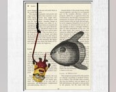 Kids wall art Minion underwater fish 3 PRINT on salvaged vintage page book art print children decor