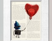 Robot with red heart balloon kids room decor PRINT on salvaged vintage page book art print wall art