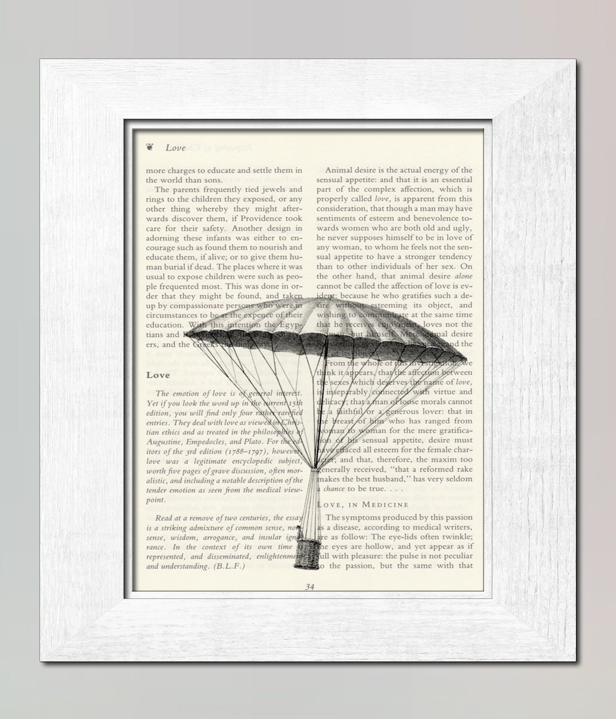Garnerin Descending air balloon parachute - vintage wall art decor Transportation dirigible Print on salvaged book page