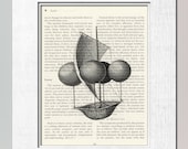 Lana's aeronautic machine Hot air balloon dirigible - vintage wall art decor Print on salvaged book page boys kids children man