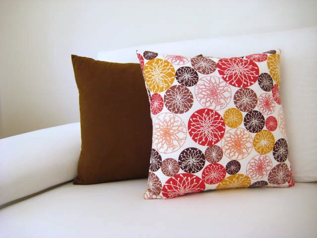 Brown, Red and Mustard Yellow Pillow Cover - Cream Linen Fabric with Circles Print - 18x18" - Ready Home Decor - Gift for Her, for Mom