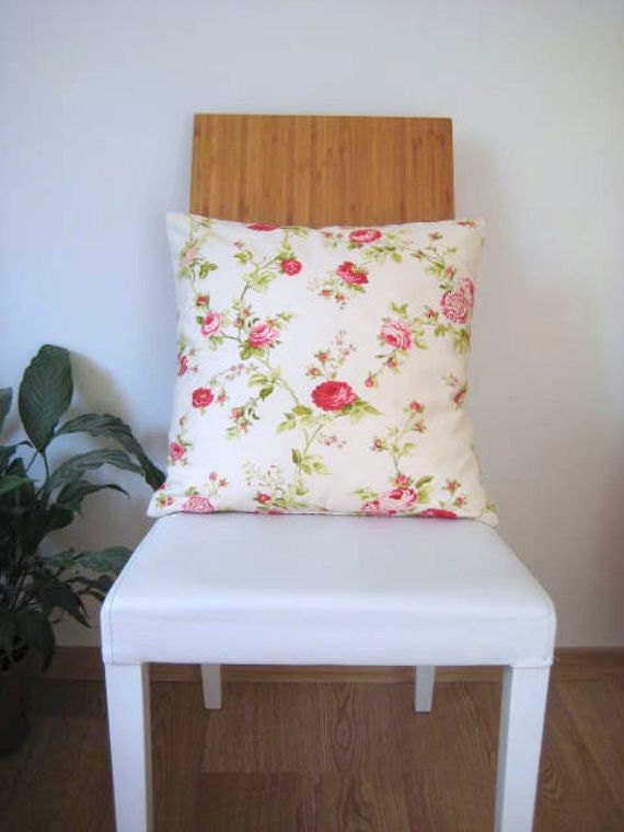 Shabby Chic Home - Linen Cream Pillow Covers with Green, Red and Pink Floral Print - 18x18" - Gift for Her, for Mom