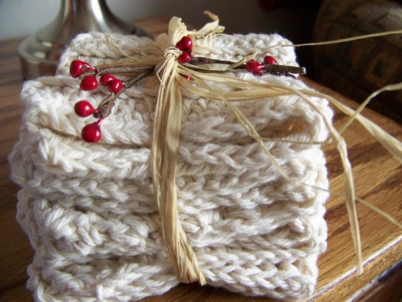 Set of 3 Ecru 100% Cotton Crocheted Dish Cloths Packaged for Gift Giving