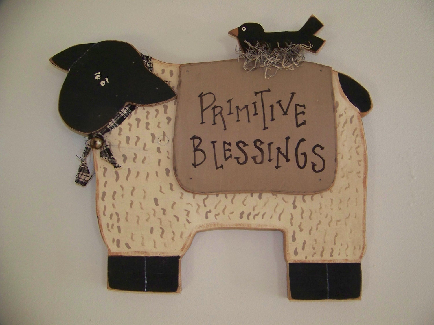 Primitive Sheep "Primitive Blessings" Folksy Wood Wall Hanging
