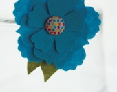 100% Wool Felt Flower Hair Clip-Teal Flower with Green Leaves- Fabric covered brad center