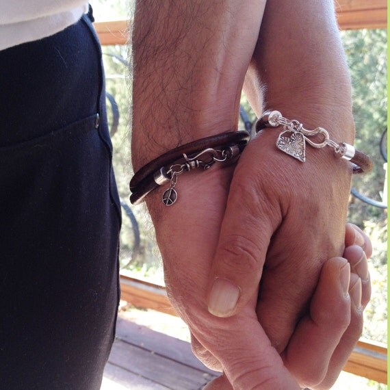His and Hers Bracelets Peace and Love Sterling silver and Leather